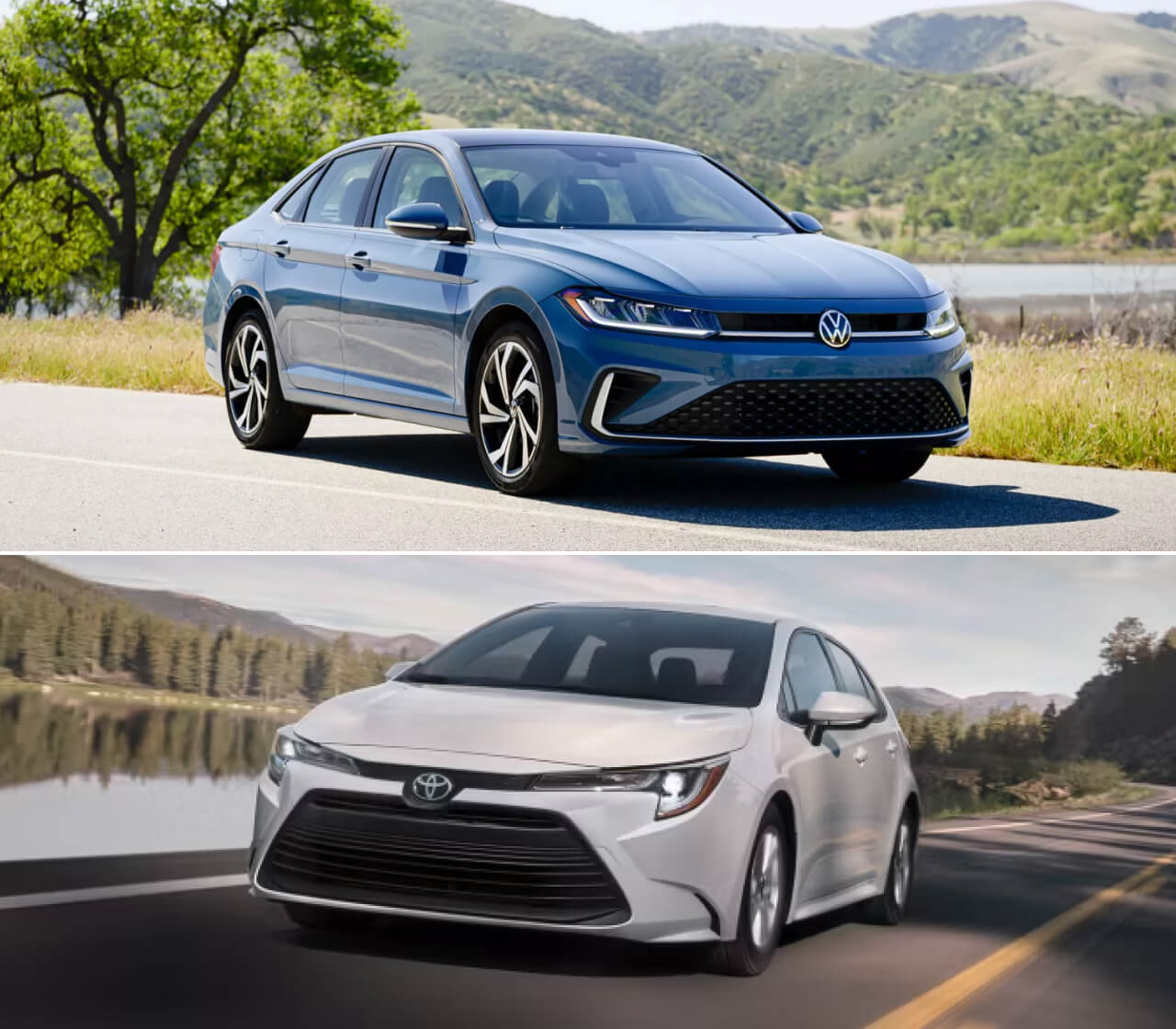 A blue Volkswagen Jetta drives down a sunny, tree-lined road. A white Toyota Corolla drives down a bright, lakeside highway.
