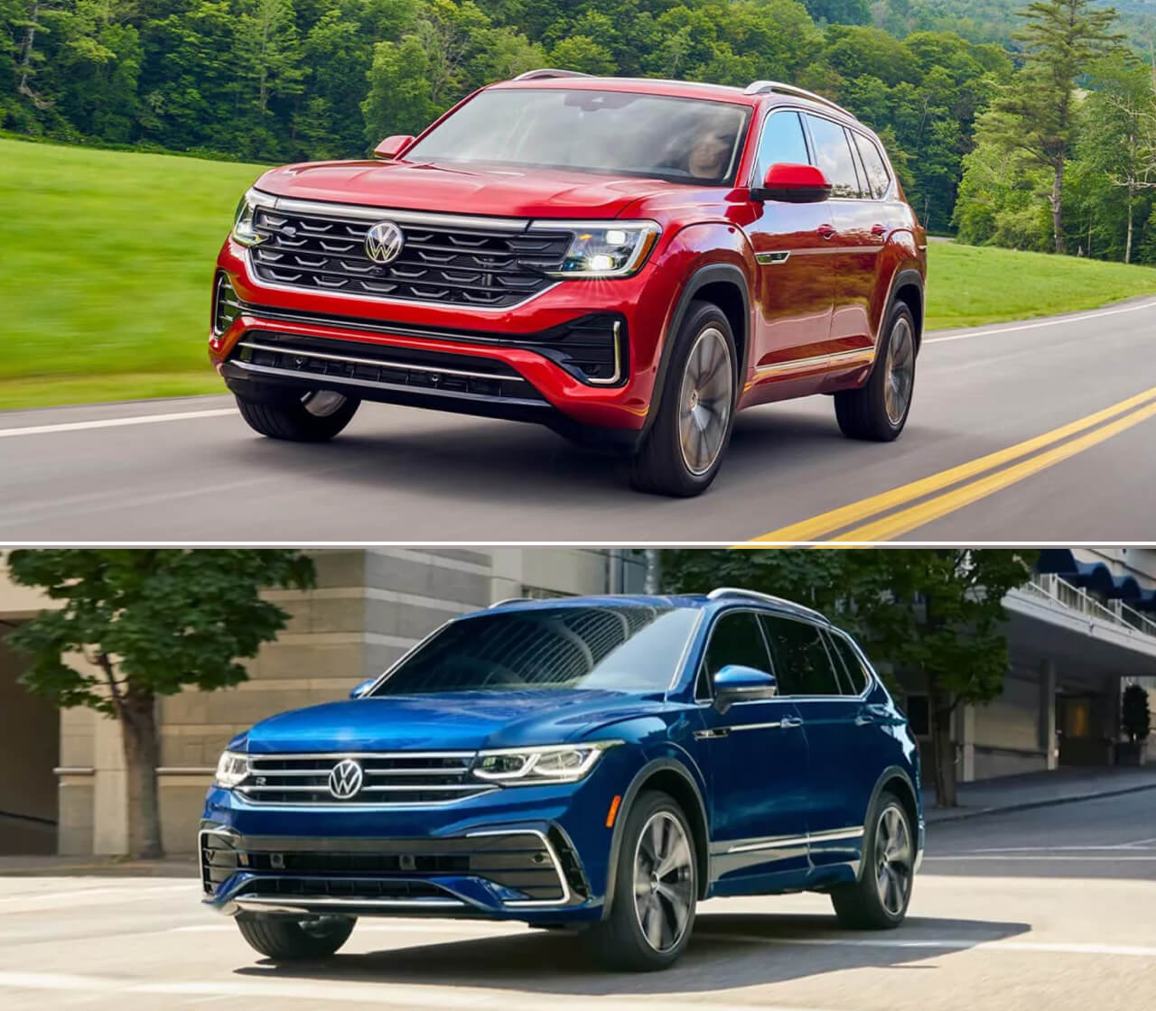 A red Volkswagen Atlas speeds down a sunny forest road. A blue Volkswagen Tiguan drives on a sunny city street.