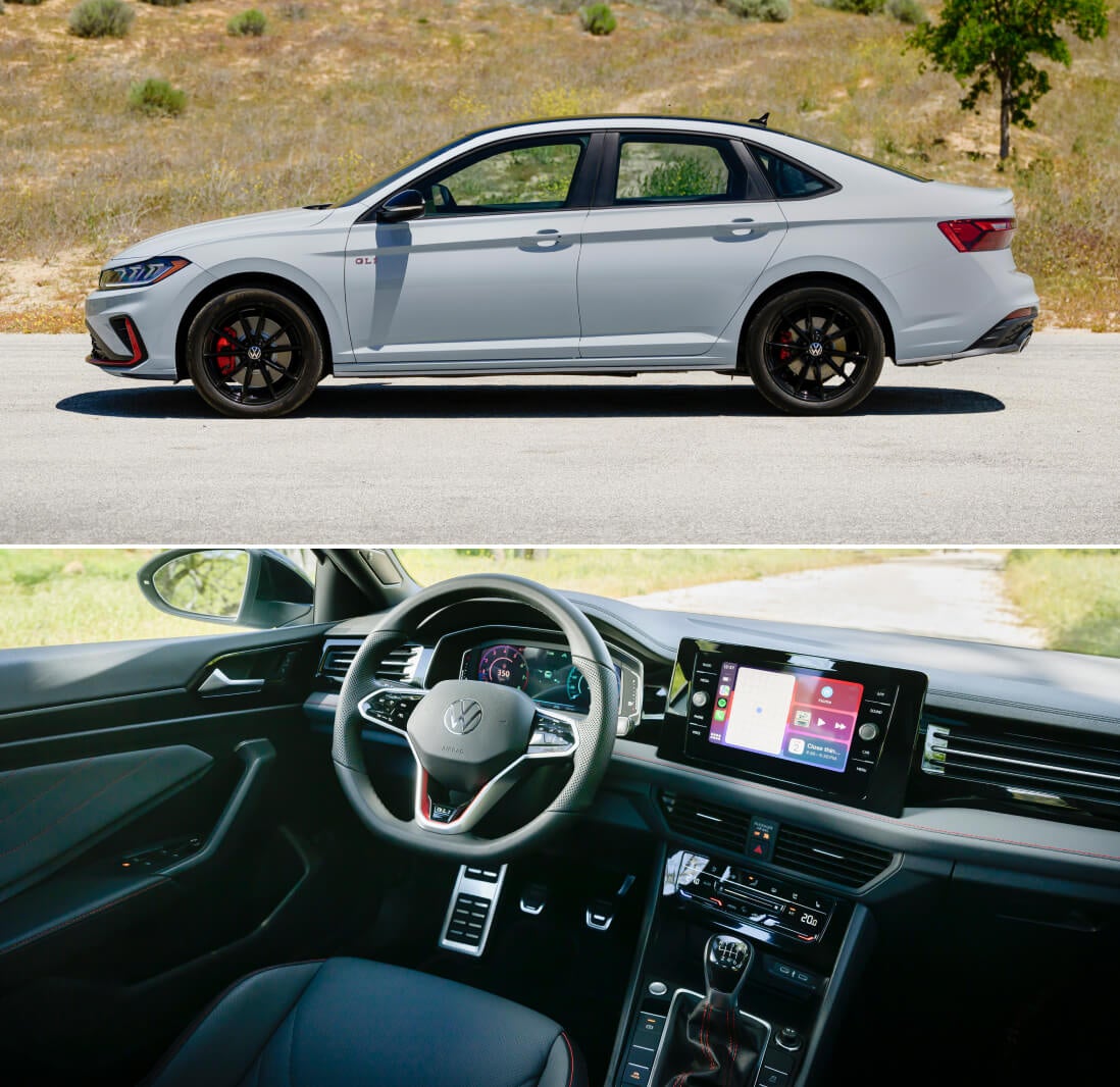 Top: 2026 Volkswagen Jetta GLI Autobahn in Monument Gray, side profile. Bottom: Titan Black interior cockpit view.