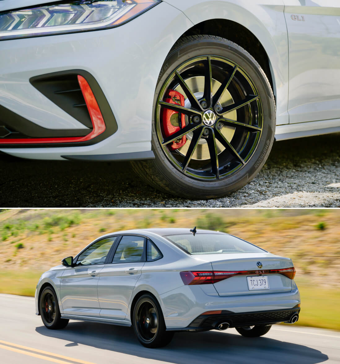 2026 Volkswagen Jetta GLI Autobahn in Monument Gray, wheel detail. Bottom: rear three-quarter view driving on a road.
