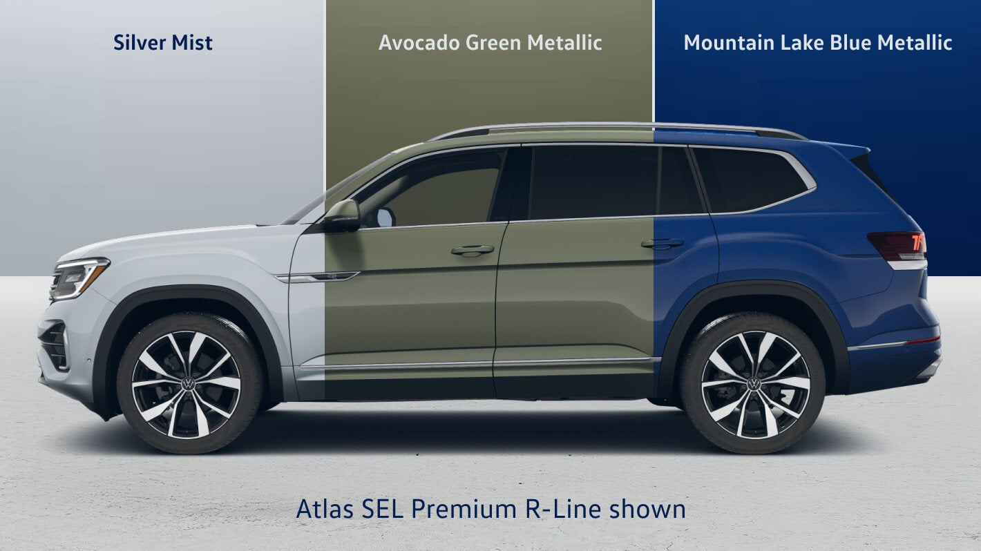 2026 Volkswagen Atlas Exterior Colors – Silver Mist Metallic, Avocado Green Metallic, and Mountain Lake Blue Metallic