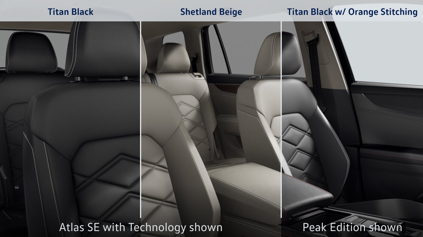 2026 Volkswagen Atlas Interior Colors – Titan Black, Shetland Beige, and Titan Black with Orange Stitching