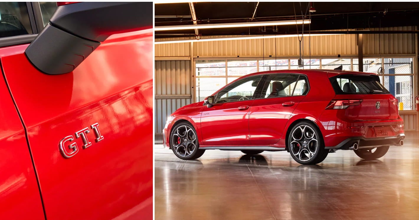 A shiny red hatchback car with 'GTI' on its side is parked in a sunlit garage. The right image shows a close-up of the GTI badge; the tone is modern and dynamic.