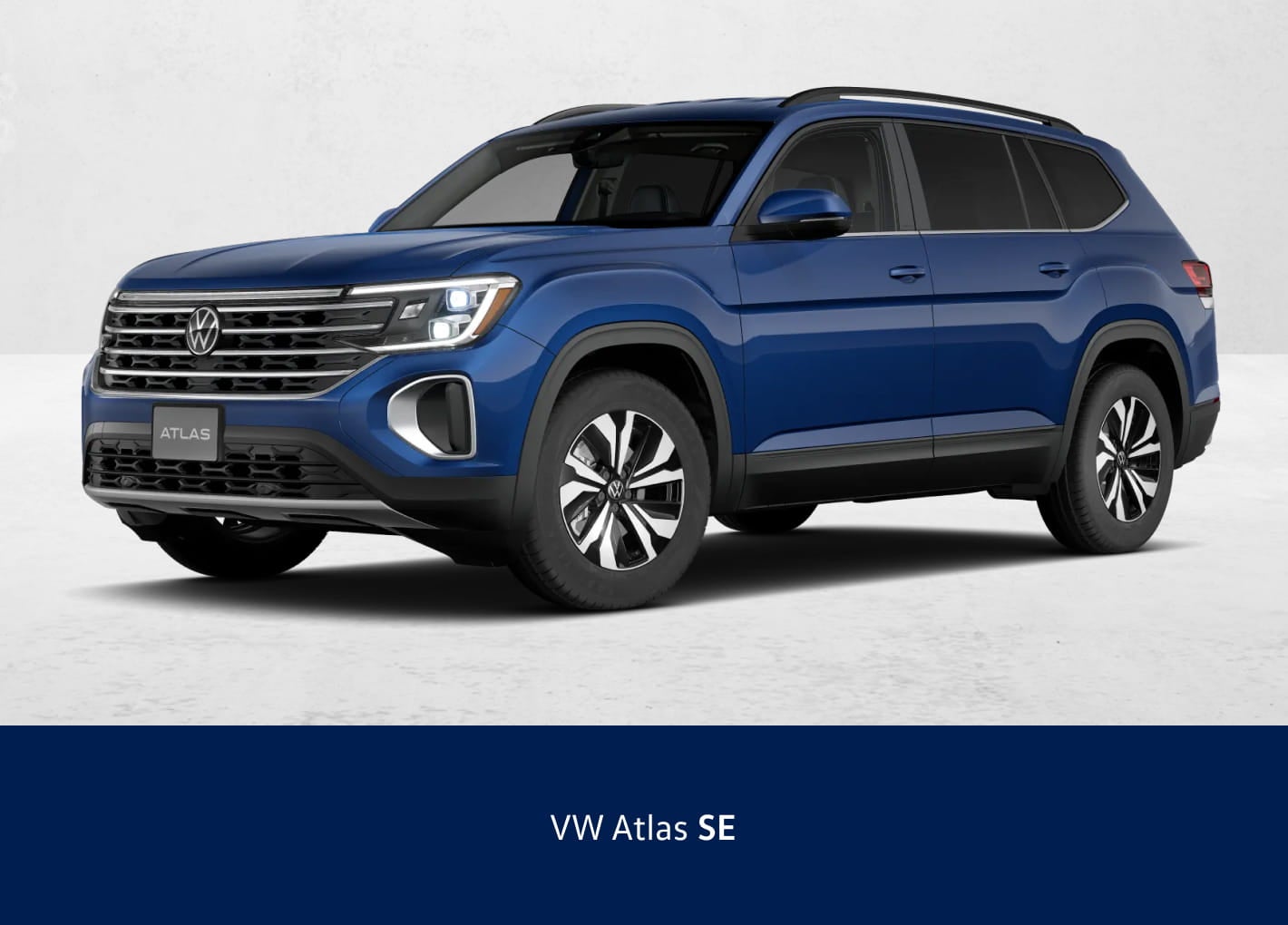 Blue Volkswagen Atlas SE shown in a front three-quarter view against a clean studio background.