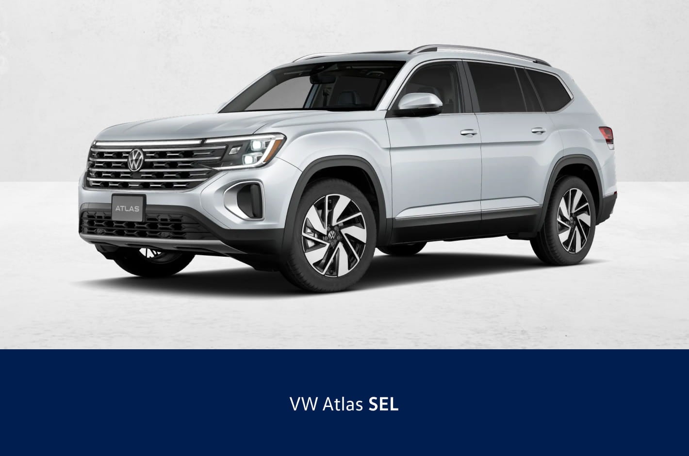 White Volkswagen Atlas SEL shown in a front three-quarter view against a clean studio background.