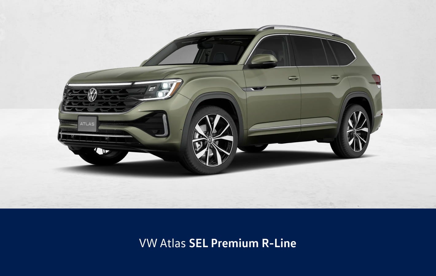 Green Volkswagen Atlas SEL Premium R-Line shown in a front three-quarter view against a clean studio background.