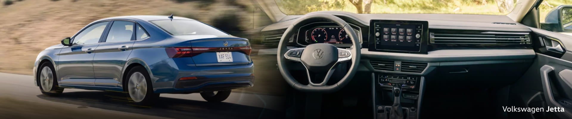 Blue Volkswagen Jetta driving on a road alongside a view of its interior dashboard, steering wheel, and touchscreen display.