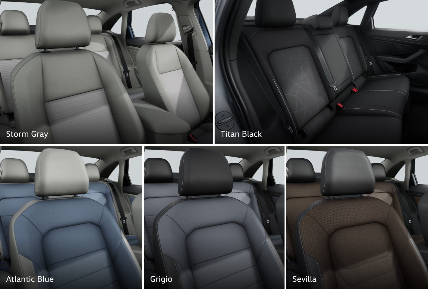 Volkswagen Jetta interior upholstery options featuring Storm Gray, Titan Black, Atlantic Blue, Grigio, and Sevilla seating.