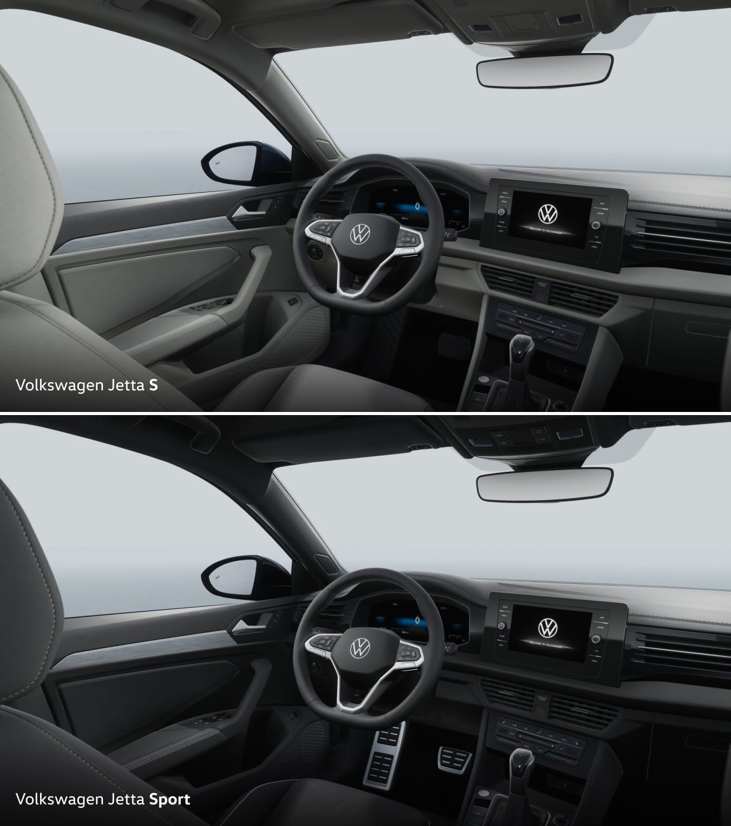 Comparison of Volkswagen Jetta S and Jetta Sport interiors, featuring contrasting upholstery, dashboard finishes, steering wheels, and center touchscreen displays.