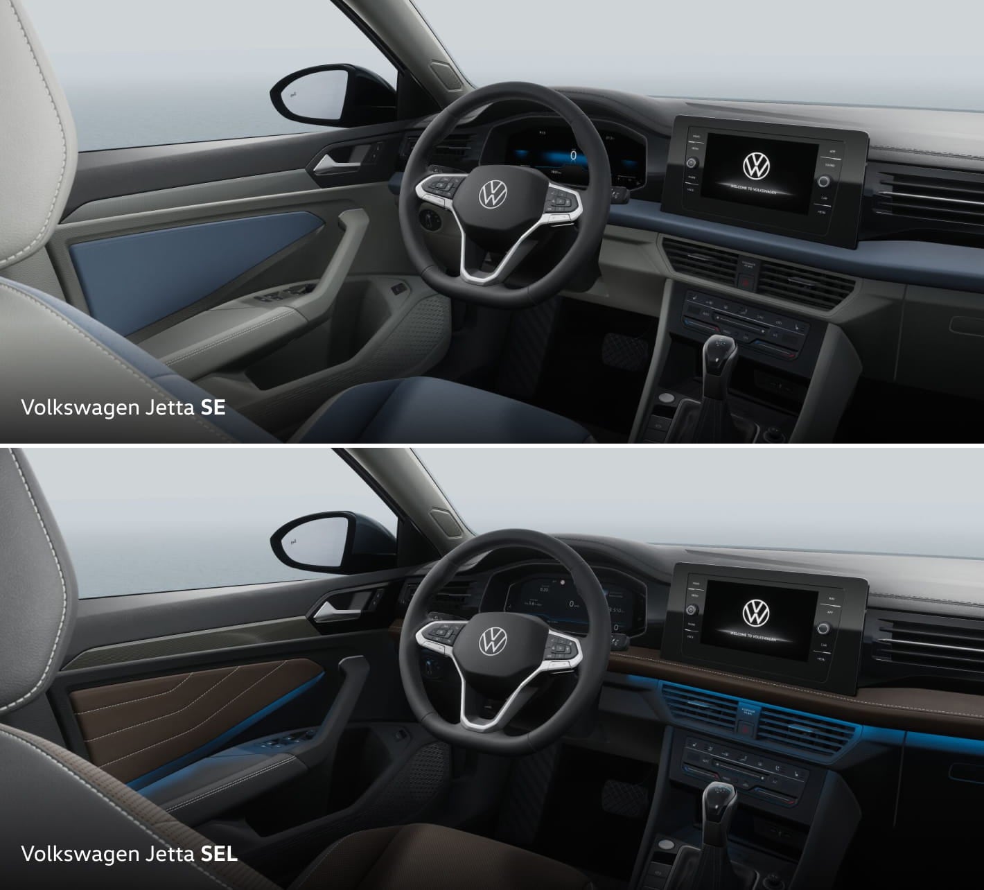 Comparison of Volkswagen Jetta SE and SEL interiors, highlighting contrasting seat upholstery, dashboard trim, door panels, and ambient lighting.