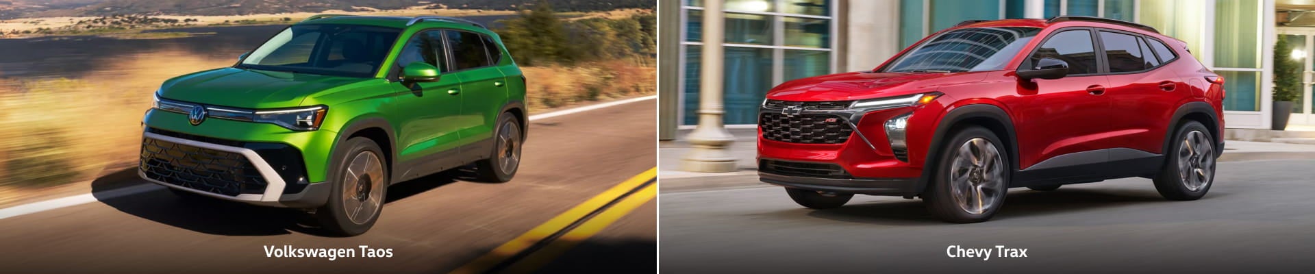 Green Volkswagen Taos and red Chevrolet Trax shown driving side by side for an SUV comparison.