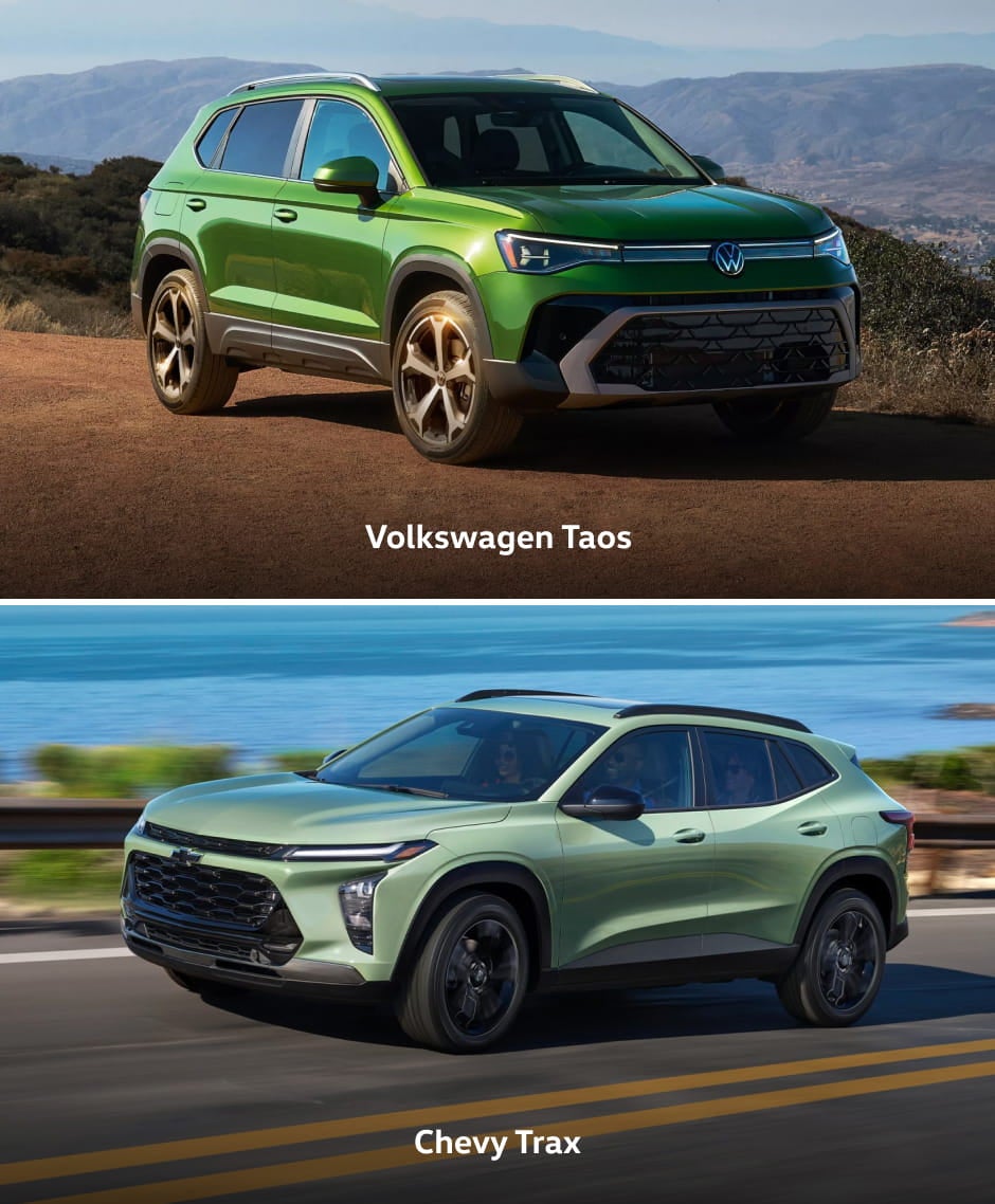 Green Volkswagen Taos and green Chevrolet Trax shown in separate outdoor driving scenes for an SUV comparison.