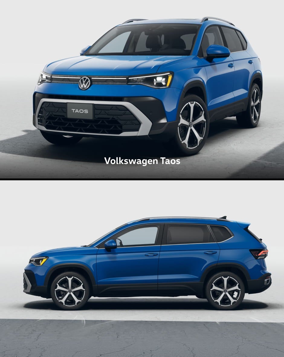 Blue Volkswagen Taos shown in front three-quarter and side profile views.