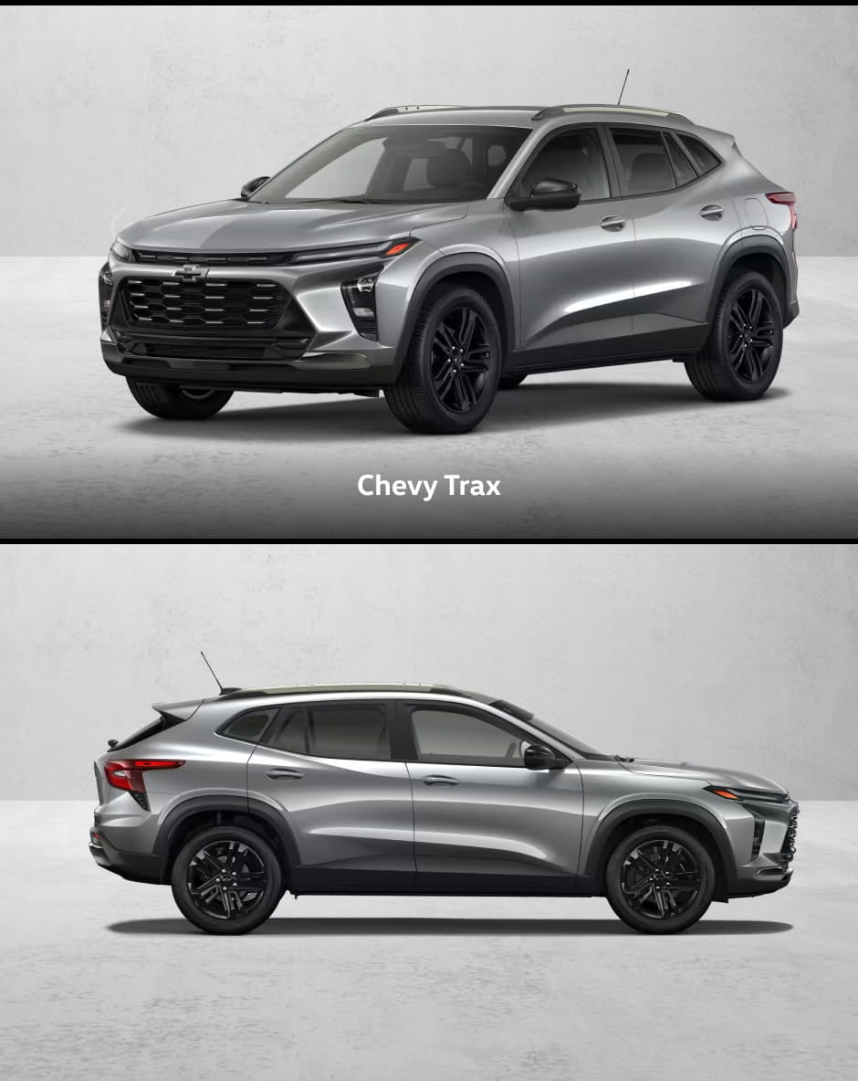 Silver Chevrolet Trax shown in front three-quarter and side profile views.