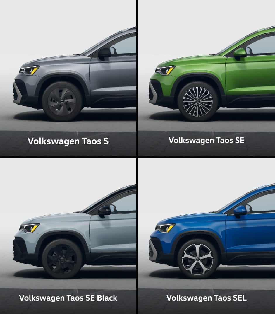 Volkswagen Taos S, SE, SE Black, and SEL trims shown side by side with different wheel designs and exterior colors.