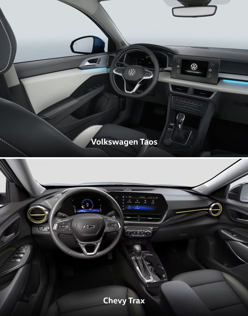 Volkswagen Taos and Chevrolet Trax interiors shown for comparison, featuring their steering wheels, digital displays, infotainment systems, and center consoles.