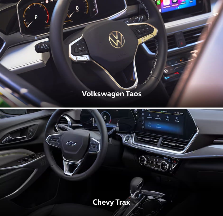 Volkswagen Taos and Chevrolet Trax interiors shown for comparison, highlighting their steering wheels, digital displays, and infotainment systems.