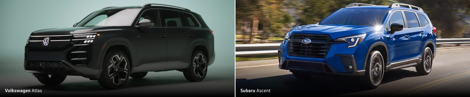 Volkswagen Atlas and Subaru Ascent SUVs shown side by side in a vehicle comparison.